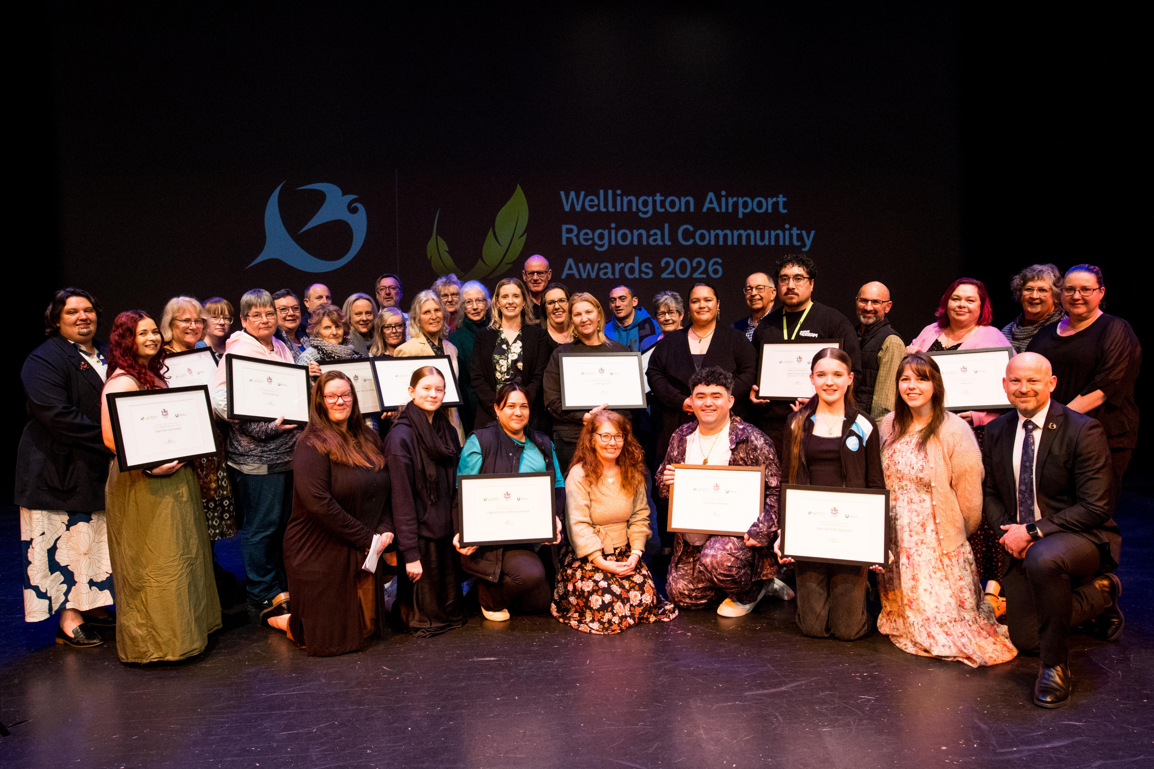 The Upper Hutt winners and runners-up of the 2026 Wellington Airport Regional Community Awards with Mayor Peri Zee